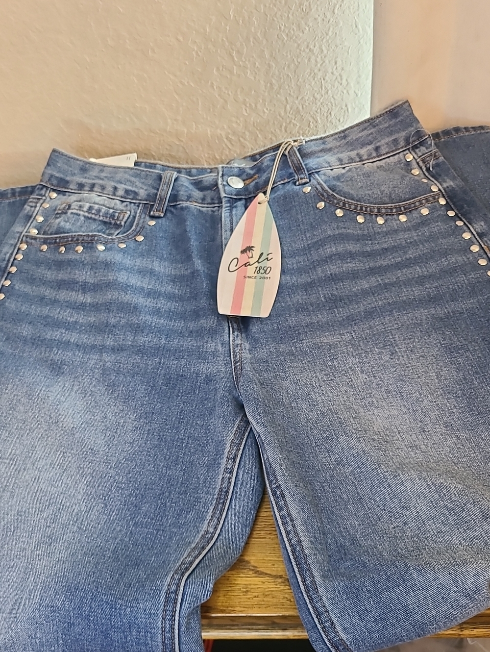 High-Rise Blue Stud-Embellished Women's Jeans